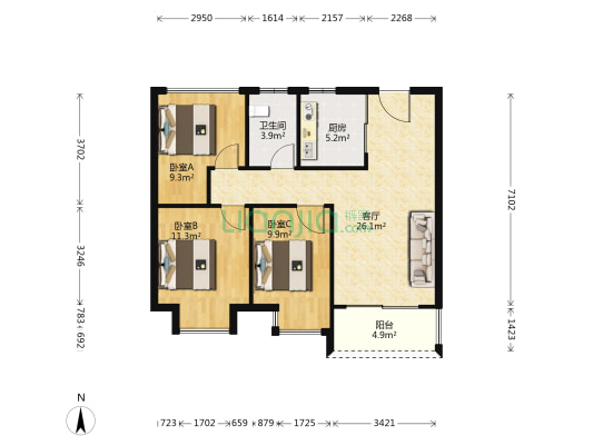 水韵花都三期南组团 3室1厅1卫 92平方