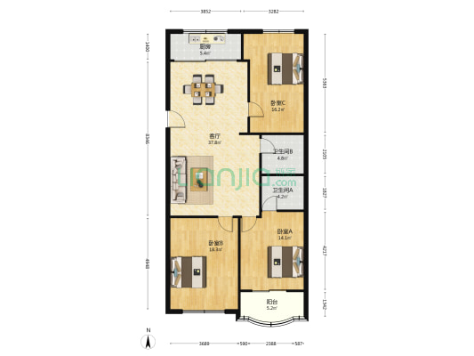 中山锦园 3室1厅2卫 130平方