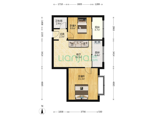 上层公寓 2室1厅1卫 68平方