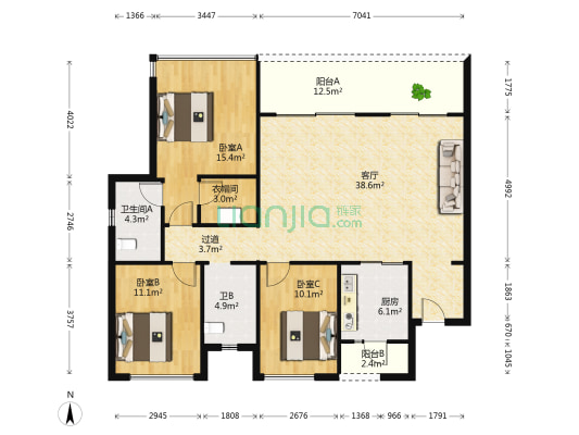 招商云邸 3室1厅2卫 142平方