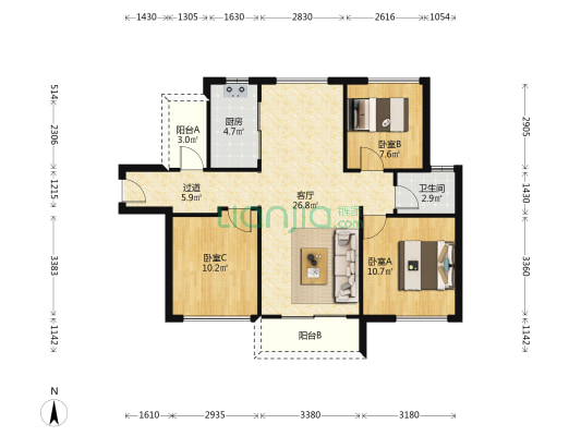 御城水都 3室1厅1卫 80平方