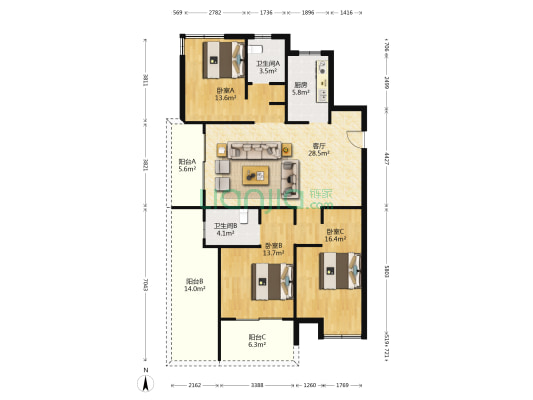 阳光城西郊半岛妙得阁 3室1厅2卫 127平方