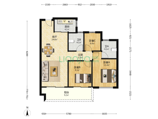 融创望澜园 3室1厅2卫 98平方