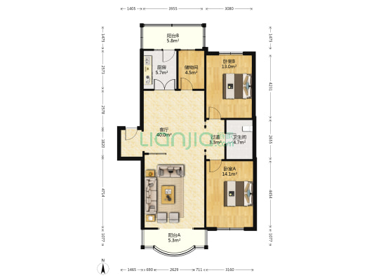 恒信花园西区 2室1厅1卫 118平方