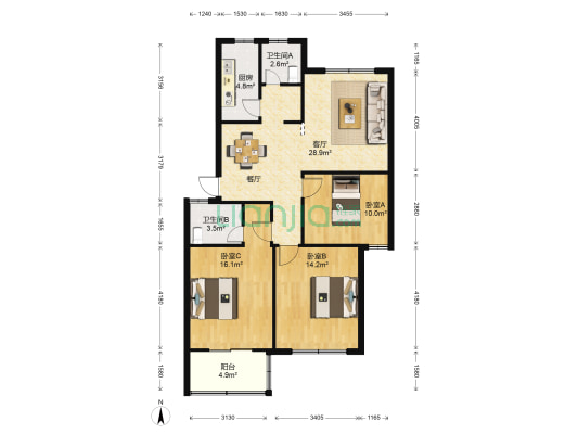 惠民小区E区 3室1厅2卫 105平方