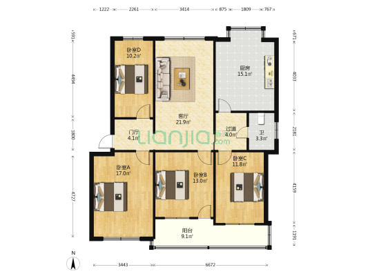 红专路5号院 4室1厅1卫 122平方