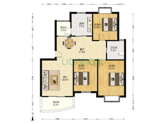 兰馨雅苑 3室2厅1卫 110平方