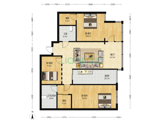 莲峰苑 3室1厅2卫 135平方