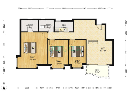 石竹新花园 3室1厅2卫 112平方