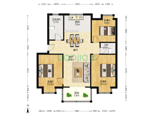 湘南公寓归鹊苑 3室1厅2卫 102平方
