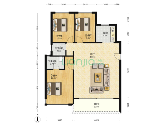中旅千川阅 3室1厅2卫 121平方