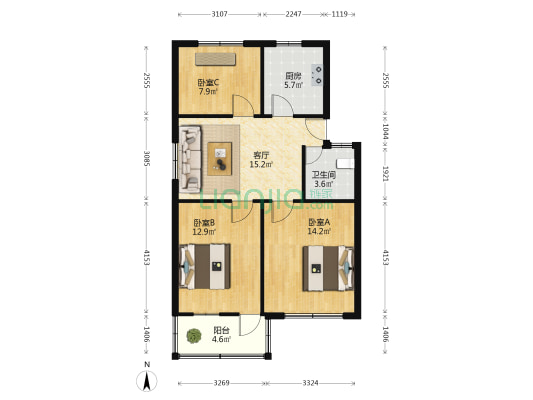 中旺苑 3室1厅1卫 84平方