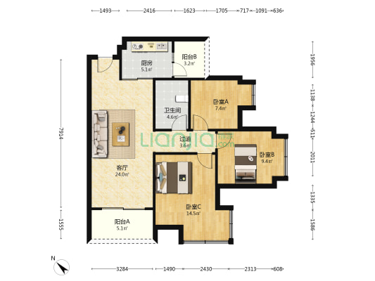 西城原筑 3室1厅1卫 93平方