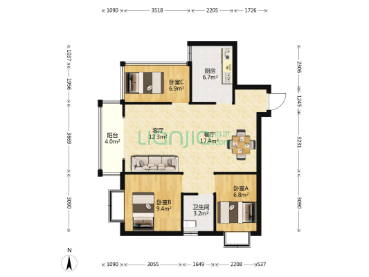 龙旺润泽园 3室2厅1卫 90平方