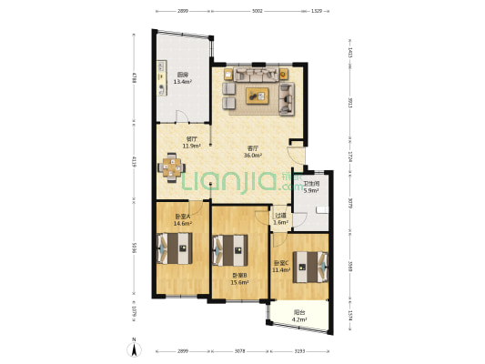 惠中 3室2厅1卫 128平方