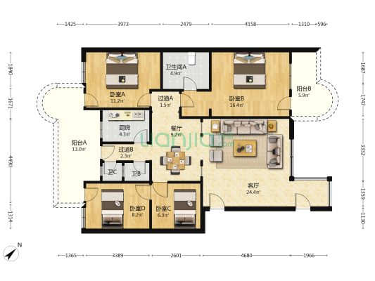 华侨管理局宿舍 4室2厅3卫 121平方