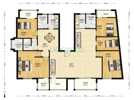 嘉富丽花园 5室2厅4卫 187平方