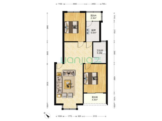 东方文化B住宅区 2室1厅1卫 88平方