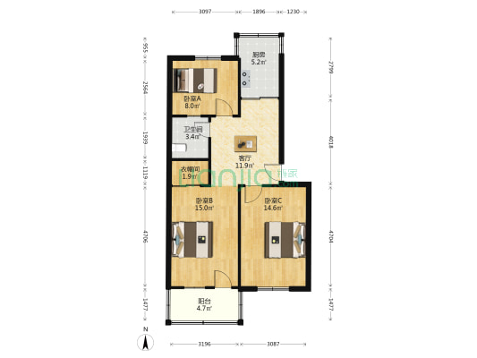 蒙城路186号 3室1厅1卫 79平方
