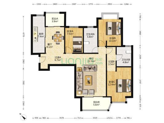 华侨城 3室2厅2卫 132平方