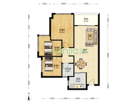 五矿招商·鹭山府 3室1厅1卫 88平方