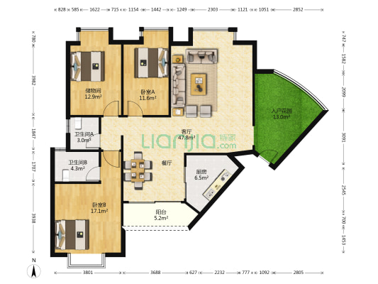 蓝天花园 2室1厅2卫 126平方