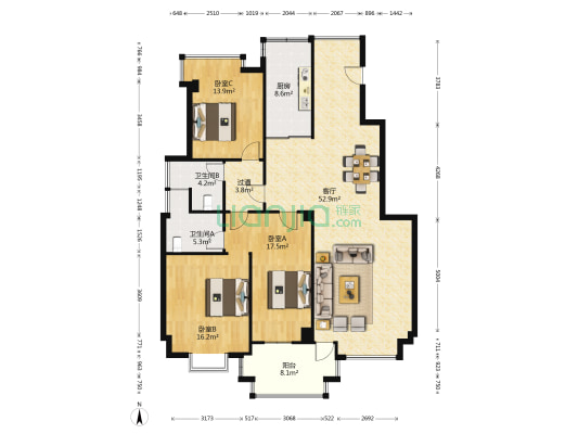 大溪地二期 3室1厅2卫 136平方