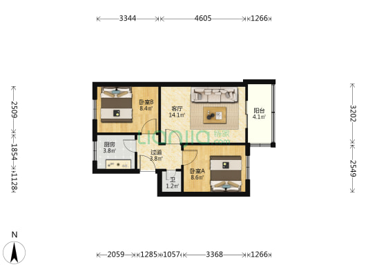 陕西省建筑构件公司家属院 2室1厅1卫 55平方
