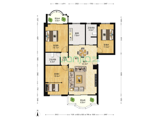松岳里一区 3室1厅2卫 121平方