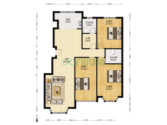 汇东香墅里 3室1厅2卫 141平方
