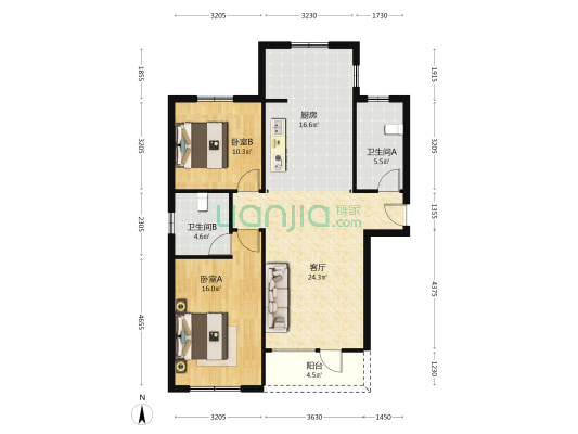 德信御府南北通透大两居，全天采光-户型图