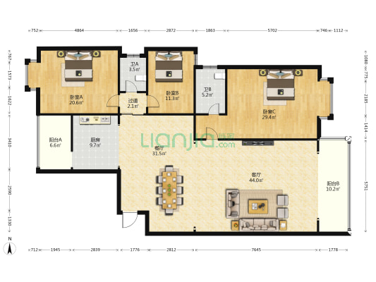 嘉豪大厦 3室2厅2卫 205平方