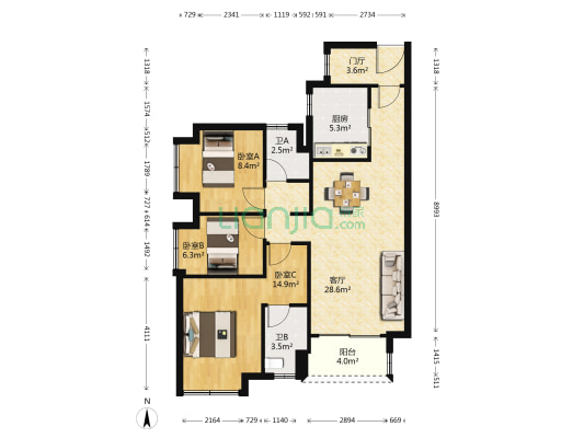 时代香海彼岸二期(西区) 3室1厅2卫 95平方