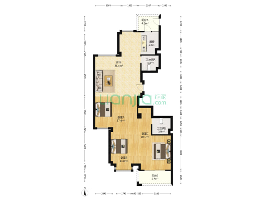 堡一广场 3室1厅2卫 138平方