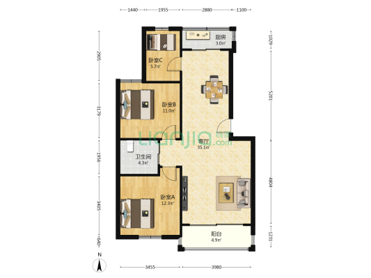 金海湾花园 3室1厅1卫 91平方