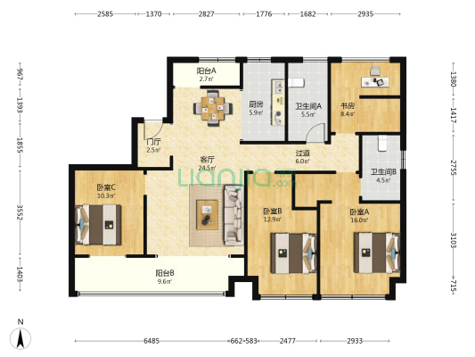 绿城美的明月江南 4室1厅2卫 142平方