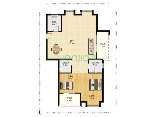 中景花苑 2室1厅2卫 127平方