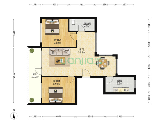 弗莱德建公元 2室1厅1卫 98平方