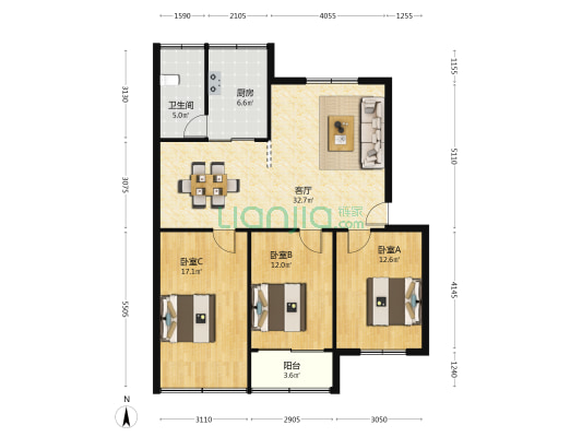 山航宿舍(中铁十四局) 3室1厅1卫 111平方