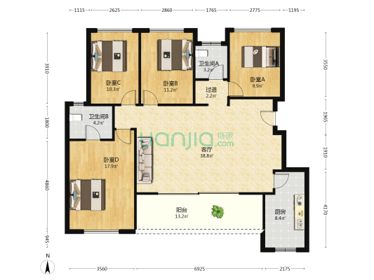 龙湖美林美院 4室1厅2卫 131平方