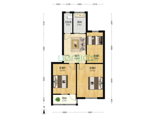 老市北小区 3室1厅1卫 75平方