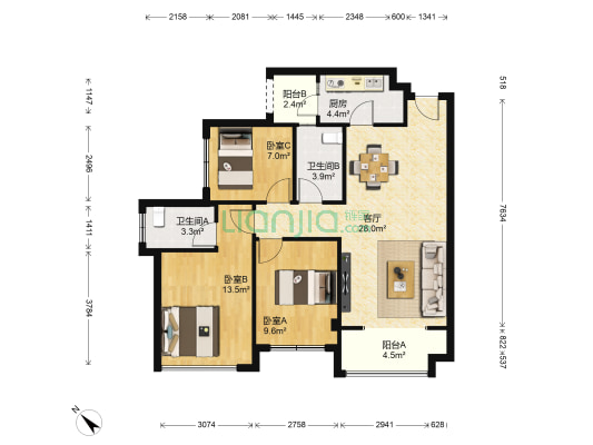 朗基少帅府 3室1厅2卫 91平方