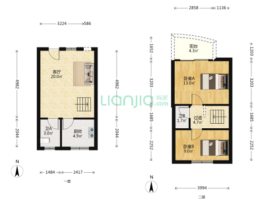 金水湖山城 2室1厅2卫 65平方