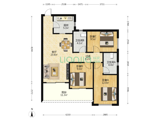 融科·蓝立方 3室1厅2卫 92平方