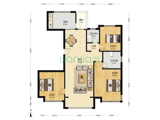 兰州新区市政家园 3室1厅2卫 135平方