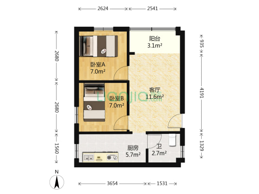 广州大道南 2室1厅1卫 50平方