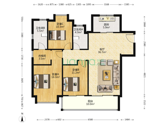 绿城凤起和鸣北区 3室1厅2卫 138平方