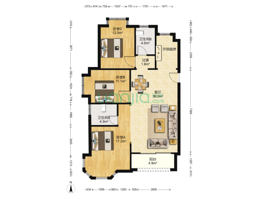 恒禾东尚 3室1厅2卫 116平方