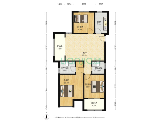 城投汉邦广场 3室1厅2卫 110平方