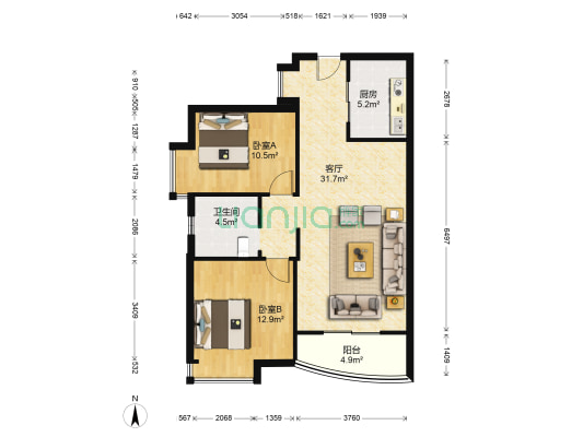国博新城一期翘楚居 2室1厅1卫 89平方